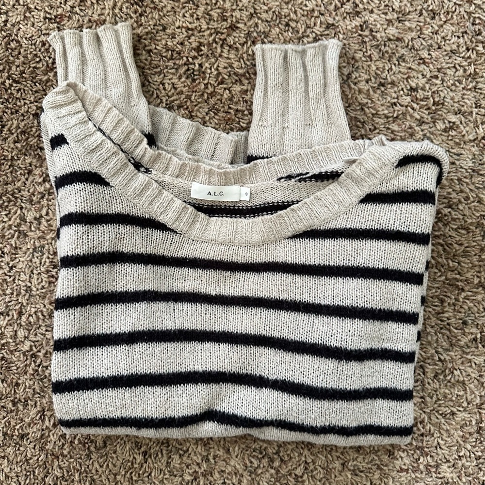 ALC Cream and Black Crew Neck Striped Sweater